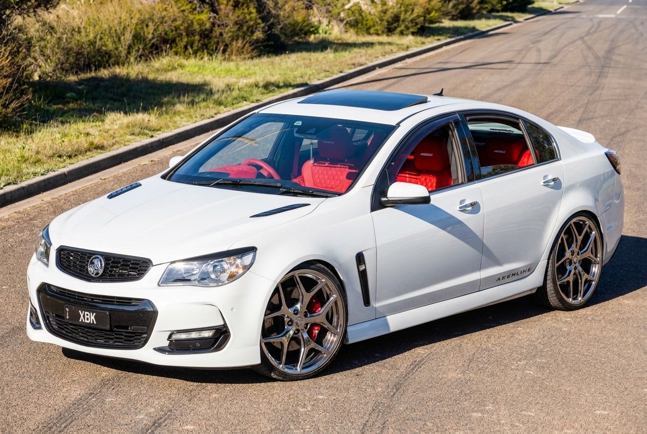 White Holden Commodore VF Redline with red interior on chrome wheels parked roadside