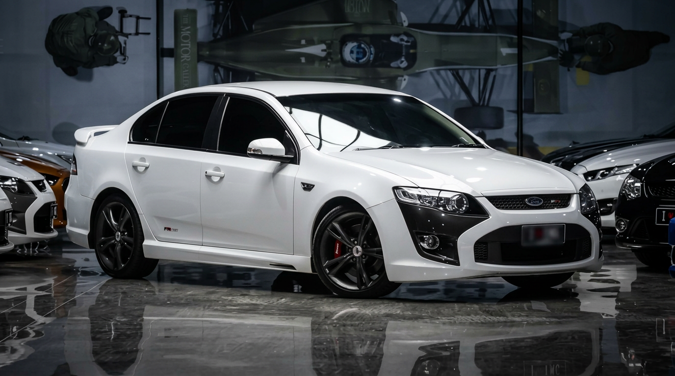 White Ford FPV Falcon sedan with dark alloy wheels in a premium showroom