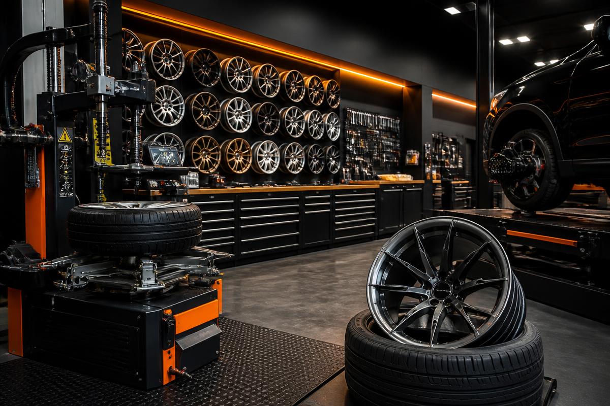 Premium automotive workshop with wheel displays and equipment